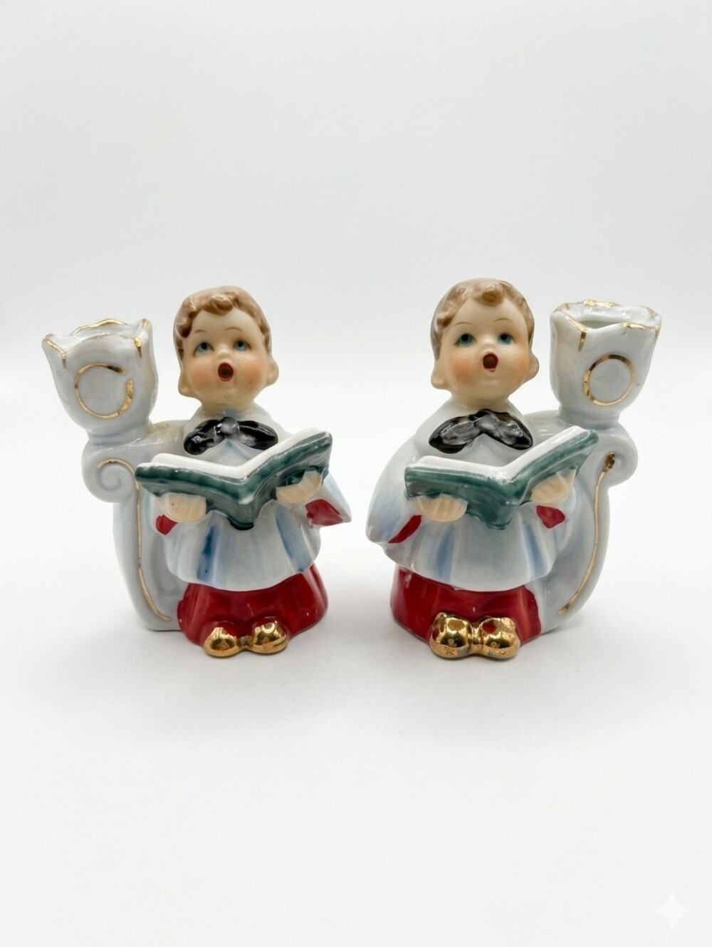 Vintage Antique Ceramic Japan Noel Choir Boys Candle Holders Set Of 2